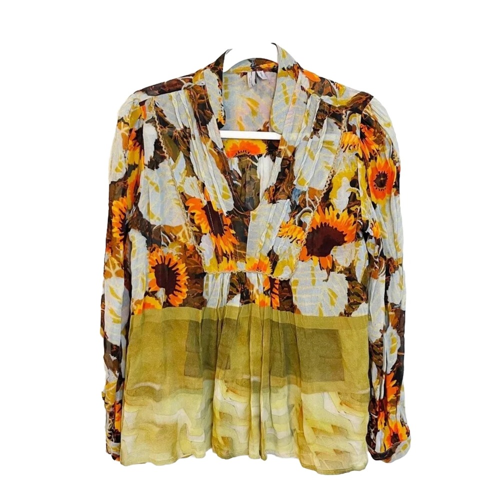 Blank London Womens Small Sunflower Floral Pleated V-Neck Peplum Blouse Boho